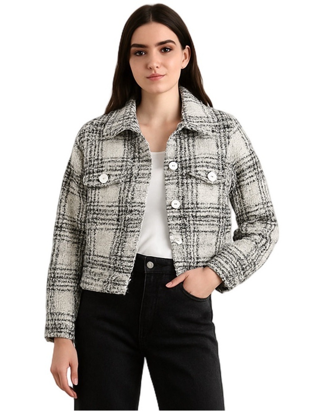 Cache Plaid Tweed Metallic Lined Button Up Jacket Black & White Size Medium